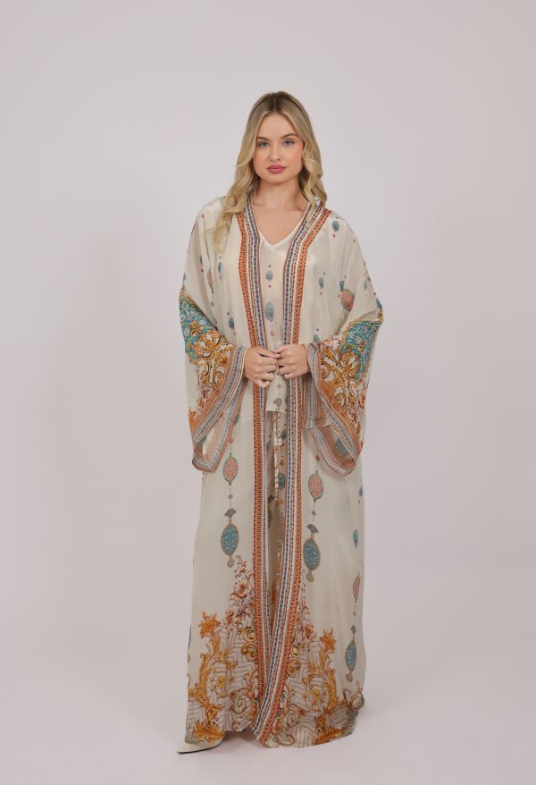 THE CREAM ROYAL BAROQUE ABAYA SET WITH SHORT INNER, PANTS AND STOLE